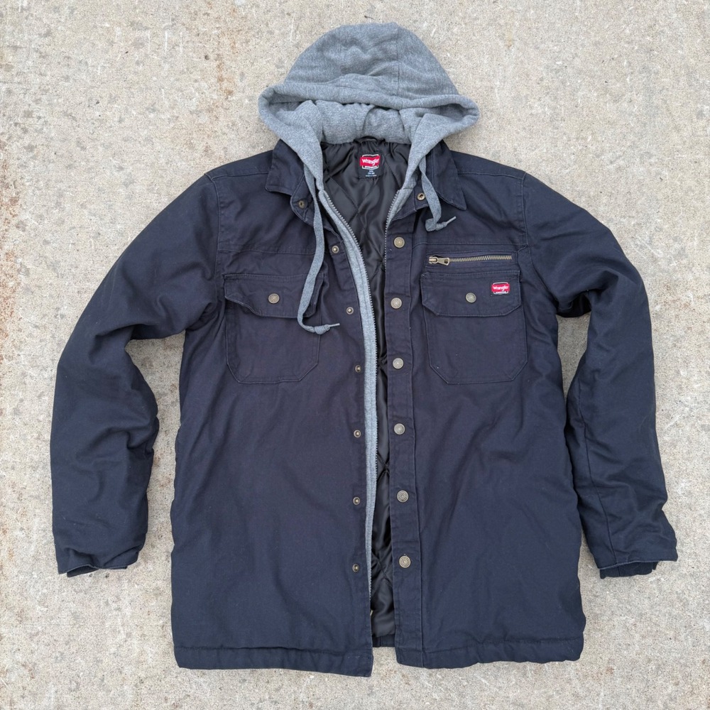 Wrangler Workwear Men Black Hooded Canvas Jacket Quilted Lined Coat S 55253